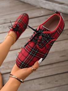 Giày Oxford đế xuồng buộc dây kẻ sọc đỏ thanh lịch, giày cao gót đế xuồng thời trang cho nữ - Đỏ - Xem 4