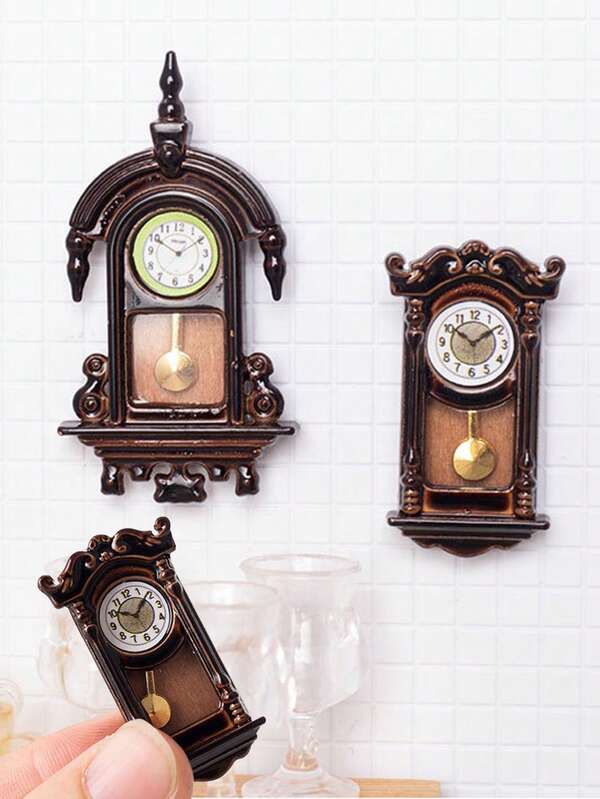 Vintage Wall Clock, Brown, Mini Clock, Miniature Retro Gothic Style, Dollhouse Furniture Decor Toy