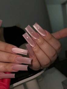 24Pcs Y2K Style Nails Long Square Press On Nails Blue And White Grid French Tip Glossy Full Cover Fake Nails 3D White Rhinestone&Metal Cross Fashion Style False Nails For Women And Girls - Includes Nail File & Jelly Adhesive Nail Supplies Nails - 玫瑰金 - 查看 2