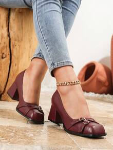 Plus Size Heels, Women's High Heel Pumps, Vintage Fashion Burgundy Chunky Heel Square Toe Mary Jane High Heels, Elegant Comfortable Work Shoes, College Party Commute Casual Women's Shoes - Burgundy - View 3