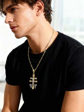 复古铜质基督教耶稣十字架天使守护吊坠项链 男女通用宗教祈祷护身符首饰