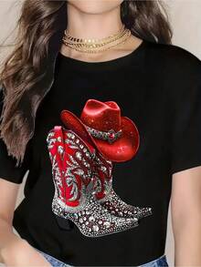 Western Cowgirl Boot And Hat Rhinestone T-Shirt For Women, Sparkly Red Cowboy Boot Design With Sequins, Country Music Festival, Rodeo, Halloween Costume, Black Short Sleeve Tee, Fashion Statement Top - màu đen - Xem 1