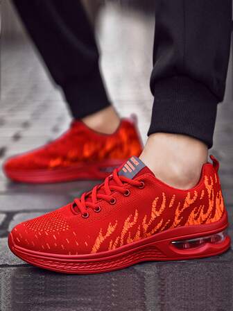 1 双男士渐变火焰针织系带缓冲运动鞋，舒适透气减震户外跑步鞋，适合户外运动、慢跑、健身和散步，男士公路跑鞋，缓冲软底运动鞋