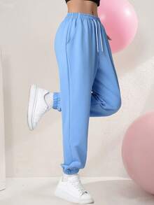 3Pcs Women'S Solid Color Lightweight Elastic Waist Sports Jogger Pants, Casual Solid Color Trousers With Pockets, Suitable For Running, Hiking, Graduation, Back To School, Fitness, Ideal Gift Tights - 彩色 - 查看 6