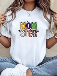 Halloween Ghost Face Print, Oversized Cotton Short-Sleeved Crew Neck T-Shirt, Casual, 220g