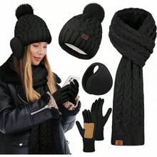 URATOT Women Winter Beanie Hat Scarf Gloves Ear Warmer 4 In 1 Set Beanie Pompom Hat Touchscreen Gloves Long Scarf Ear Warmer - 黑色 - 查看 1