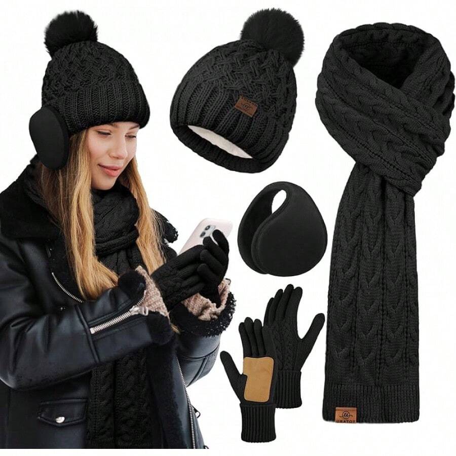 URATOT Women Winter Beanie Hat Scarf Gloves Ear Warmer 4 In 1 Set Beanie Pompom Hat Touchscreen Gloves Long Scarf Ear Warmer - 黑色 - 查看 1