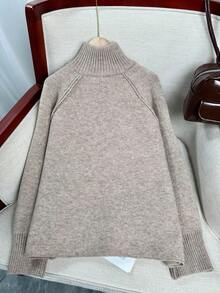 Wixra Korean Loose Knit Cardigan, Stand Collar Raglan Sleeve, Two-Way Zipper Design, Collegiate Style Top, Essential For Layering In Autumn/Winter - Camel - View 6
