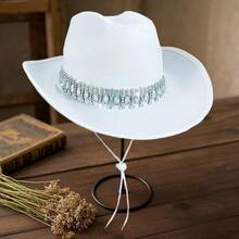 Shiny Rhinestone Cowgirl Hat For Women Solid Color Wide Brim Western Cap With Windproof Rope - White - View 3