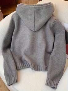 加大码连帽罗纹针织开衫，长袖落肩常规长度拉链灰色针织外套，秋冬季休闲简约毛衣