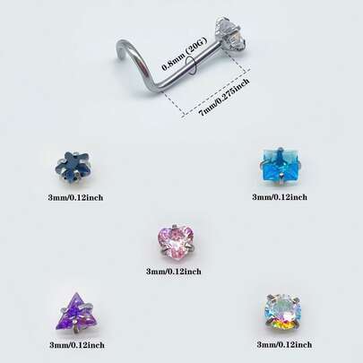 5 Stücke 20G Edelstahl 5-förmige Piercing Nägel geeignet für Damen und Herren. Set mit rund/quadratisch/Herz/fünfzackiger Stern/dreieckig: 3mm. Mehrfarbiges Nasen-Piercing Set