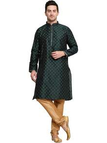 Men's Tunic Art Silk Kurta Pajama Pyjama Dupatta Set With Embroidery Zari Work  Clothing Dress Gifts Itemshalloween - 綠色 - 查看 4
