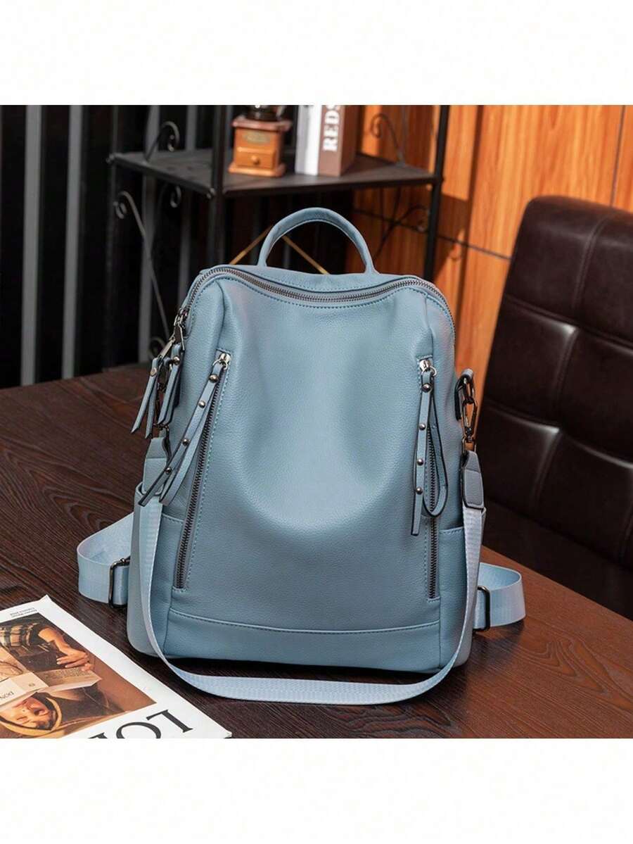 Bolsa mochila feminina da moda de material PU à prova d'água - Azul - Visão 1