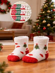 4 pares de calcetines navideños para bebé, con estampados de Papá Noel y árbol de Navidad, diseñados como calcetines hasta el tobillo para bebés. Son suaves, cómodos y casuales, adecuados como regalos navideños para niños, y son estilos de otoño e invierno. Regalos de Navidad/Acción de Gracias