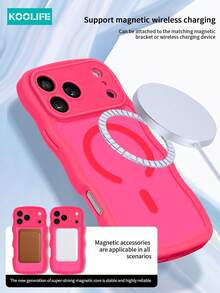 Pink Koolife 1pc Wavy Edged Shockproof Phone Protective Case With Magnetic Charging, Full Coverage, PC+TPU Material, Raised Camera Protection, Compatible With IPhone 17 ProMax/ 17/ 17 Pro/ 17 Air - Hot Pink - View 3