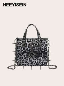 HEEYISEIN-Damen Y2K Leopard Nieten Schnallen Schultertaschen Punk Doppelriemen Clutch Geldbörsen