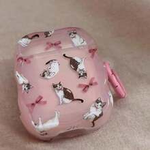 Cute Cat & Bow Design Transparent Bluetooth Earphone Case, Pink Apple & Dream Blue