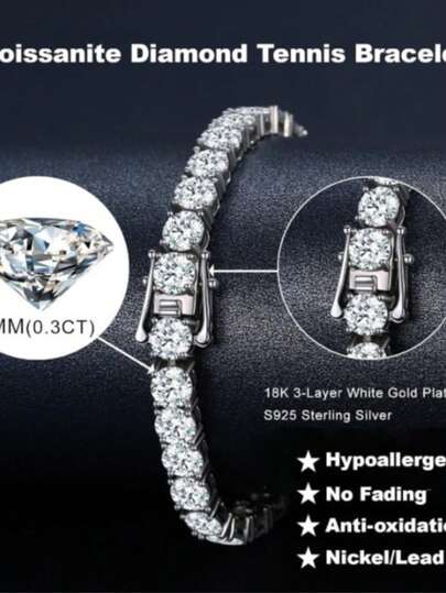 1 szt. Luksusowa bransoletka tenisowa z moissanitem – diament 10,5-14 ct, laboratoryjnie stworzony, srebro próby 925, platerowane 18-karatowym białym złotem, wzór, idealny prezent dla mężczyzn i kobiet