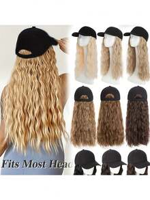 22英寸合成假发帽，卷曲波浪发，可调节女士棒球帽假发，水波纹发型