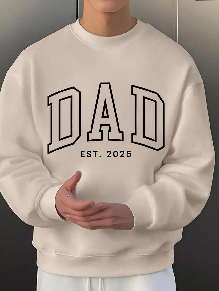 (250g Polyester Fiber) "Dad" Letter Fashion Slogan And Graphic Print Fashion Men's Casual Sports Long Sleeved Round Neck Pullover Sweatshirt, Suitable For Outdoor Sports, Suitable For Autumn And Winter - Beige - View 1