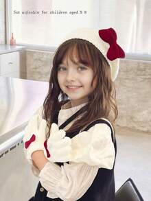 2pcs/Set Girls' Autumn/Winter Knitted Beret Hat And Gloves Set, Retro Palace Style - 2pcs - View 3