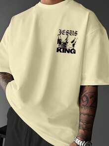 Men's Pastel Pink Print T-Shirt - Loose Streetwear T-Shirt With Portrait Design On Back, Lightweight Summer Shirt For Formal And Everyday Wear, Casual Wear, Artistic Print, Soft Fabric, Eye-Catching Top, Young Adults, Street Style, Urban Fashion, Breathable Material, Printed Top, Young Men - 米色 - 查看 2