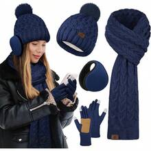 URATOT Women Winter Beanie Hat Scarf Gloves Ear Warmer 4 In 1 Set Beanie Pompom Hat Touchscreen Gloves Long Scarf Ear Warmer - Navy - 查看 12