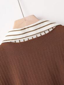 Plus Size Women Fashion Casual Commute Versatile Striped Long Sleeve Shirt & Knitted Shawl, Spring, Office Wear, Airport - Apricot - View 10