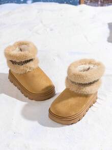 1 par de botas de nieve esponjosas y cálidas para bebés/niños pequeños/niños, botas casuales planas cómodas para uso en exteriores para niñas, otoño/invierno - Marrón - Ver 2