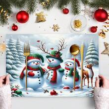 1/4/6pcs Christmas Snowman Wearing Hat & Scarf, Deer, Pine Trees, Snow-Covered Ground, Christmas Ornament Print Decorative Placemats - Multicolor - View 8