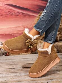 女士厚底防滑秋冬新款个性流苏蝴蝶结装饰一脚蹬保暖羊毛边短靴雪地靴 - 棕色 - 查看 5