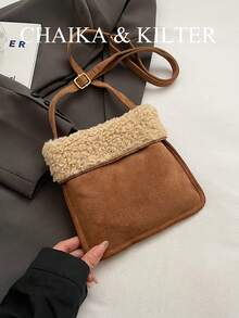 CHAIKA & KILTER 1 件绒面革和羊羔绒拼色单肩包，女士复古时尚方形单肩包，带按扣，可调节肩带，可肩背或斜挎，适合日常和户外使用（与吊坠一起出售） - 卡其色 - 查看 5