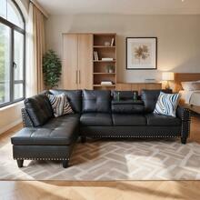 Black 97"W Modern L-Shaped Sectional Sofa Set, Synthetic Leather Left-Facing Chaise Lounge Corner Couch, Tool-Free Assembly Modular Sleeper Sofa, Space Saving Multi-Functional Living Room Furniture For Apartments And Offices - màu đen - Xem 7