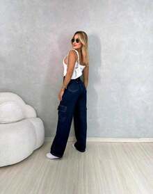 Wide Cargo Jeans, Medium Wash, Stylish, Basic, High Waist - 深藍色 - 查看 2