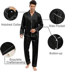 Silk Satin Pajamas Set For Couple Matching PJS Women Men 2 Piece Button Down Loungewear Sleepwear Long Sleeve Pjs Sethalloween - màu đen - Xem 7