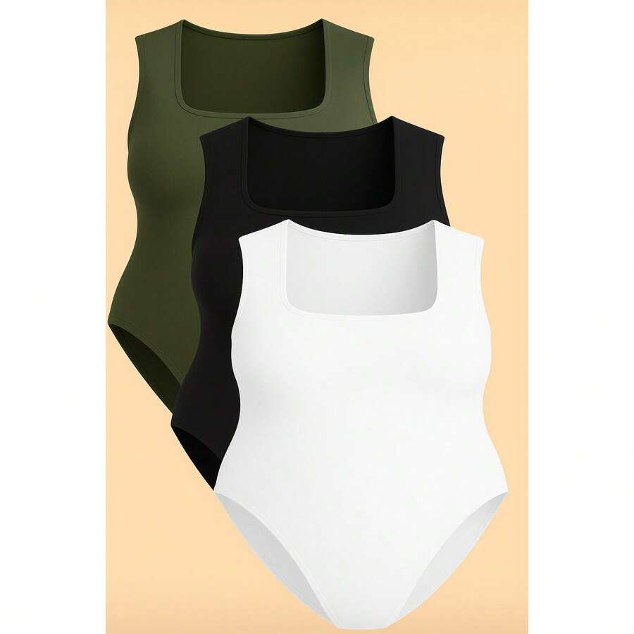 Kit 3 Bory Plus Size Body Bori Tank Top Thick Strap Closed Back Second Skin Fresh Fashion Spring Summer Timeless Clothes Large - BLACK/WHITE/MILITARY GREEN - View 1
