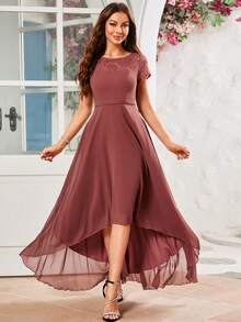 UNITHORSE Lace Patchwork Chiffon Dress With Flared Hem - Redwood - View 1
