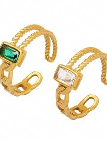 Anillo de acero inoxidable con cadena cubana asimétrica de doble capa, chapado en oro de 18K, con piedra de circonita cúbica cuadrada, para fiestas y uso diario, ajustable