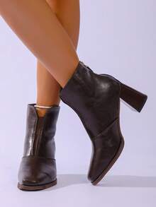 秋冬季方头粗跟都市时尚踝靴，时尚百搭，通勤必备，柔软舒适，无鞋底 - 深棕色 - 查看 4