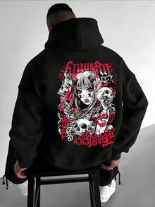 Men'S Y2K Graphic Hoodie - Black Casual Sweatshirt With Skull & Anime Design, Loose Fit, Long Sleeve, Perfect For Anime Fans & Y2K Fashion, Anime Fan Apparel | Y2K Fashion Hoodie | Knit Construction,Fall Hoodies,Men's Fall Clothes,Street Wear,Halloween,Mens Hoodies,Y2k Clothes,Jesus Hoodie,Thanksgiving Day,Nightmare Before Christmas,Christmas - 黑色 - 查看 1