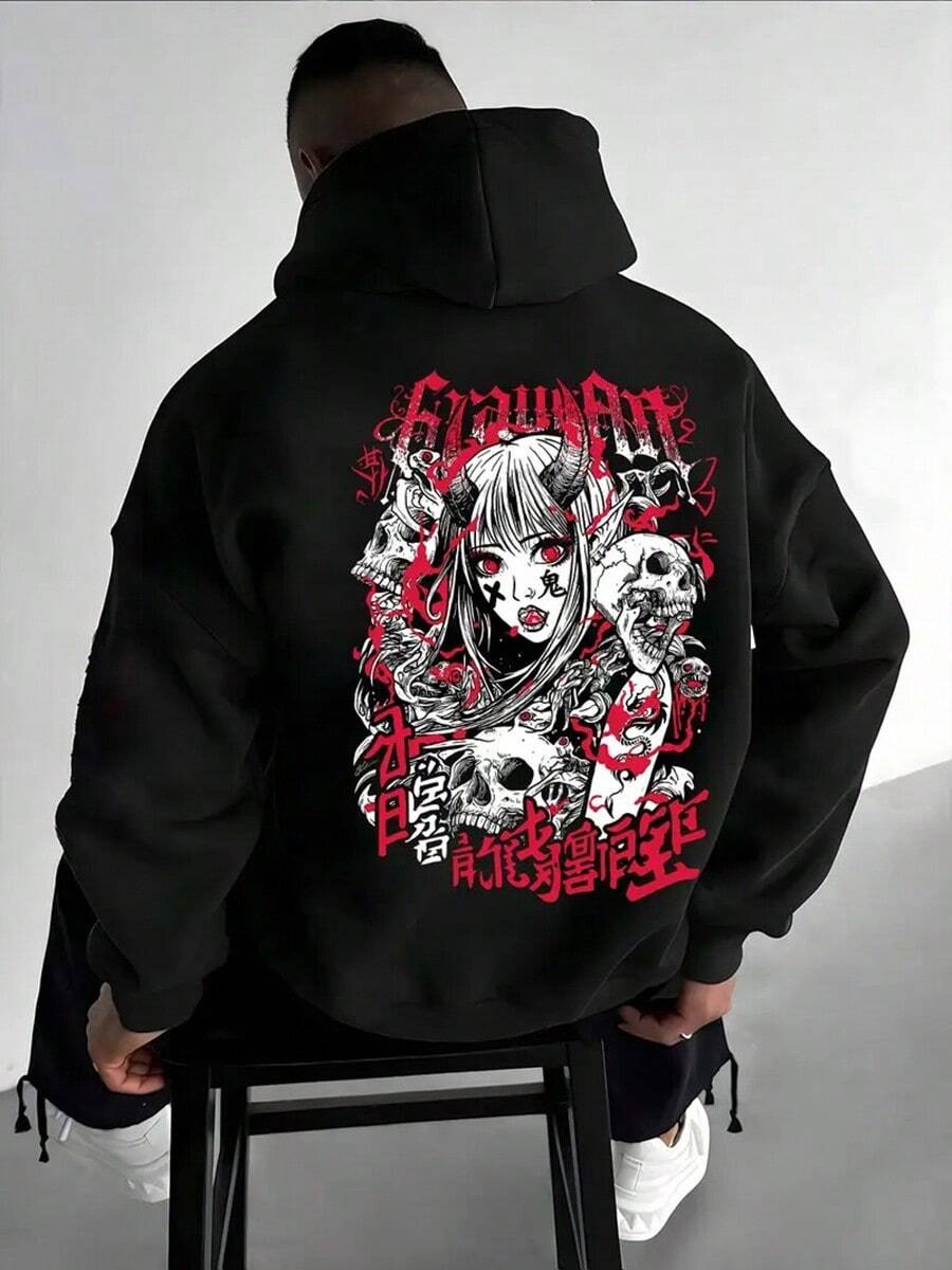 Men'S Y2K Graphic Hoodie - Black Casual Sweatshirt With Skull & Anime Design, Loose Fit, Long Sleeve, Perfect For Anime Fans & Y2K Fashion, Anime Fan Apparel | Y2K Fashion Hoodie | Knit Construction,Fall Hoodies,Men's Fall Clothes,Street Wear,Halloween,Mens Hoodies,Y2k Clothes,Jesus Hoodie,Thanksgiving Day,Nightmare Before Christmas,Christmas - 黑色 - 查看 1