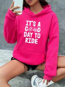 Mujer003 Sudadera de mujer invierno sudadera de manga larga cómoda suave  Sudadera de capucha rosa con estampa que dice "ES UN DÍA DIVINO PARA ANDAR EN BICICLETA",con un diseño atractivo y cómoda para el día a día - Rosa Fucsia - Ver 1