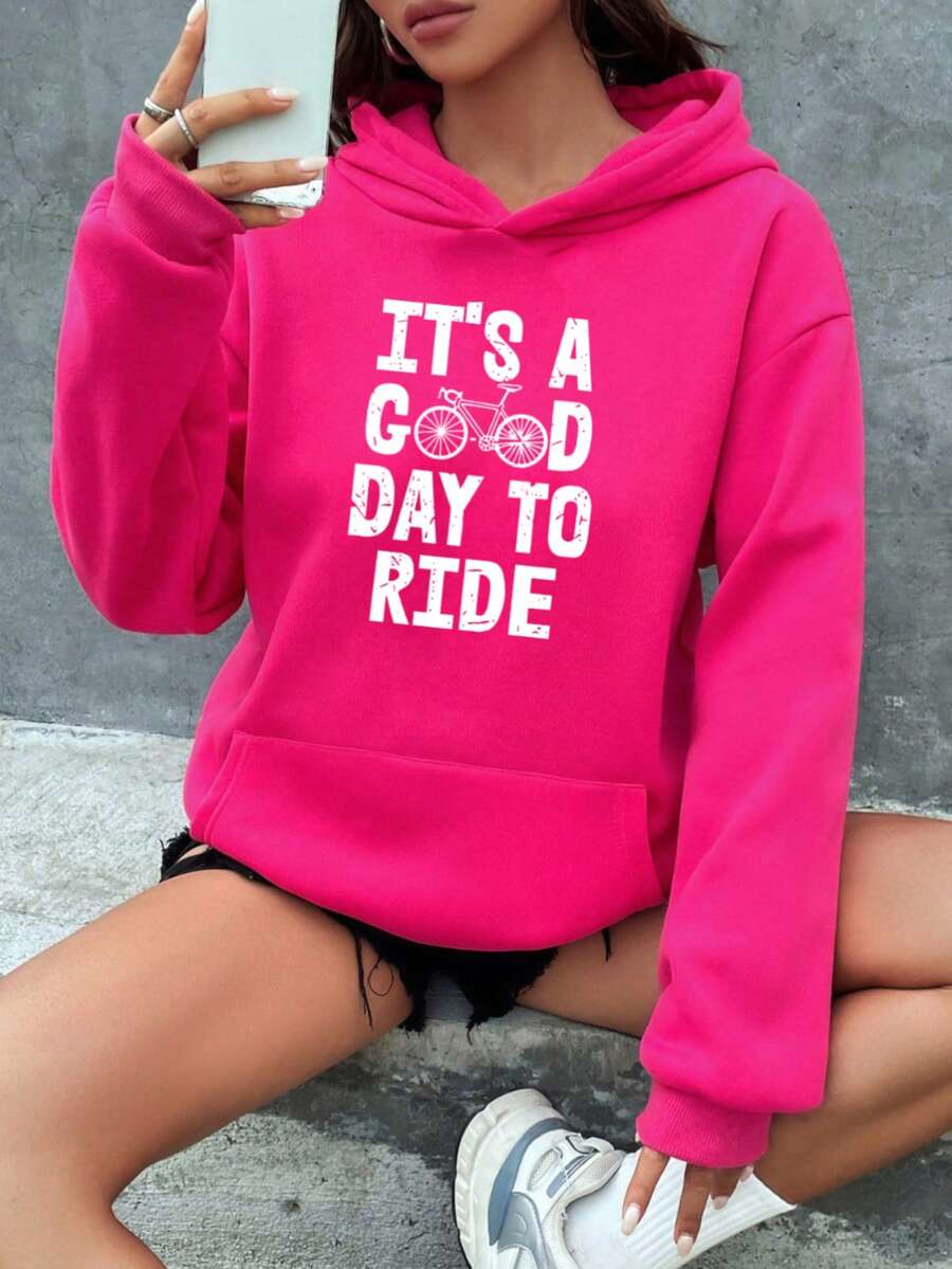 Mujer003 Sudadera de mujer invierno sudadera de manga larga cómoda suave Sudadera de capucha rosa con estampa que dice "ES UN DÍA DIVINO PARA ANDAR EN BICICLETA",con un diseño atractivo y cómoda para el día a día - Rosa Fucsia - Ver 1