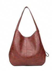 Women's Bucket Shoulder Handbag, Minimalist Fashion Large Capacity Tote Bag, Soft Faux Leather Shoulder Bag, Zipper Handbag - Brown - View 4