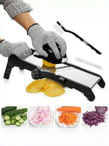 Trancheuse à légumes réglable en acier inoxydable, trancheuse à légumes manuelle avec lames multifonctions, gants résistants aux coupures, ustensiles de cuisine sûrs, accessoires de cuisine manuels, convient pour trancher les fruits, oignons, pommes de terre, légumes, etc., convient pour les cuisines, les restaurants commerciaux et les accessoires de cuisine