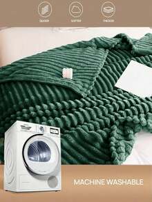 1pc Olive Green Striped Plush Fleece Soft & Cozy Blanket, Suitable For Bedroom & Guest Room, Machine Washable, All Season