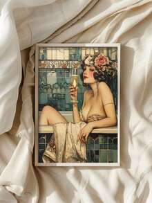 1 pièce Chic Impression sur canevas d'une dame des années 1920 dans une baignoire avec du champagne, parfait pour la décoration de la salle de bain, du salon, de la chambre, du café, du bureau - Idée de cadeau pour une fashionista, Matériau : canevas, Sans cadre.