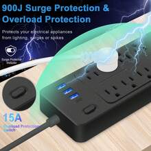 Surge Protector Power Strip With Multiple Outlets, Overload Protection, 10 Outlets With 1 USB C And 3 USB Ports, 3.94 Ft Power Cord - US B Type Plug(110-127V) - View 10