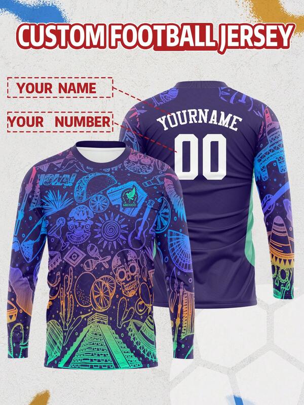 Customized Mexico Home Long Sleeve Jersey, Men's Sports Team Club Training Long Sleeve Football Shirt With Front & Back Printed Name And Number, Comfortable For Casual, Party, Daily Wear