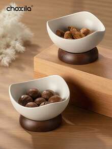 choxila 1个陶瓷甜点杯，粗陶小吃杯，木质带底座沙拉碗，冰淇淋碗，小吃盘，托盘，水果盘，酸奶杯，适合居家、下午茶、娱乐和斋月使用